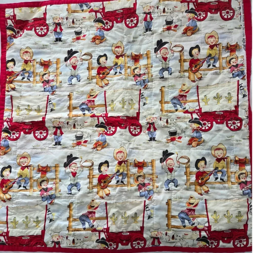 Vintage Michael Miller Cowboy Baby Quilt 25x25 Handmade Western Nursery Blanket